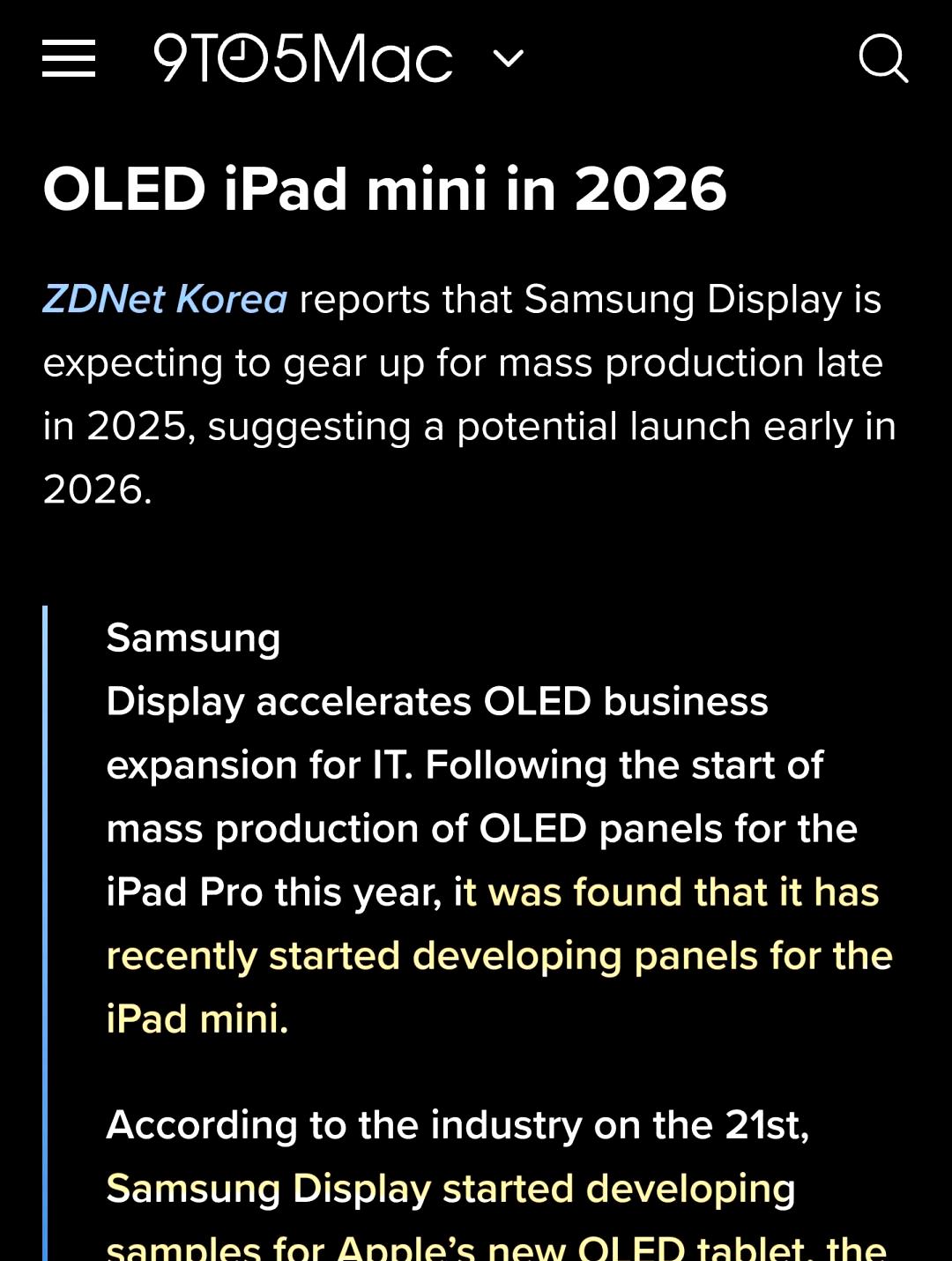 据报道三星已开始开发ipad mini的oled面板计划在2025年底开始量产