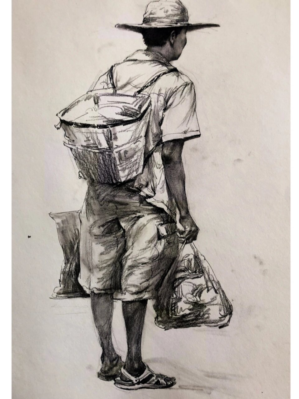 挑战速写100张【第23张】背影 熟悉的背影, 背上的篓子, 手里的袋子