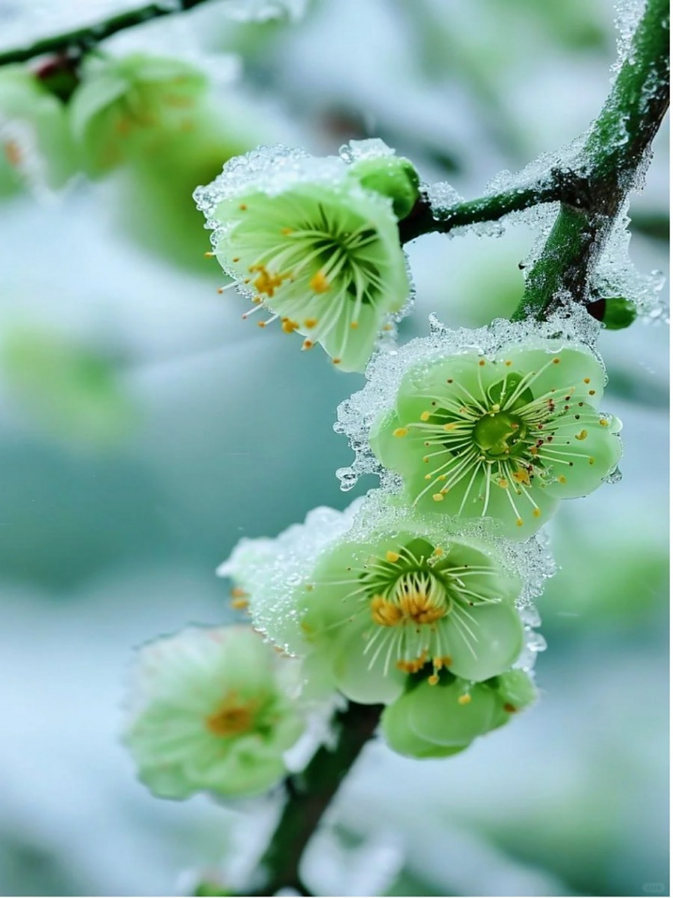 绿梅花图片 绿梅,因其萼绿花白,小枝青绿而得名.