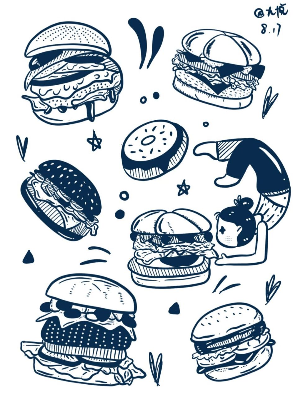 黑白简笔画|手帐素材|汉堡 瑜伽是为了吃更多,这样练起来更香~ #画个
