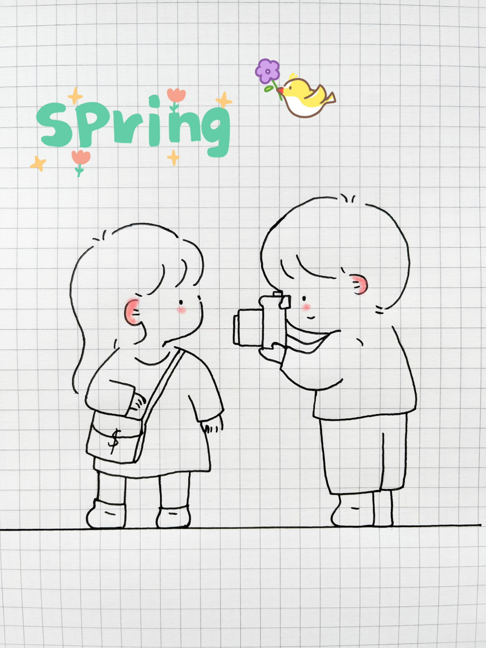 情侣简笔画教程57/100 春天到了和爱人一起春游拍好看的照片