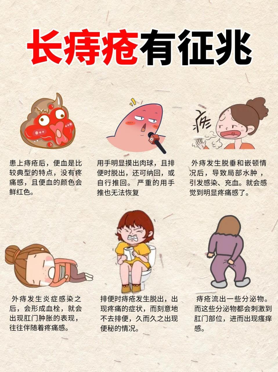 肉球凸出 3.瘙痒肿痛 4.大便疼痛 这说明你长痔疮了!