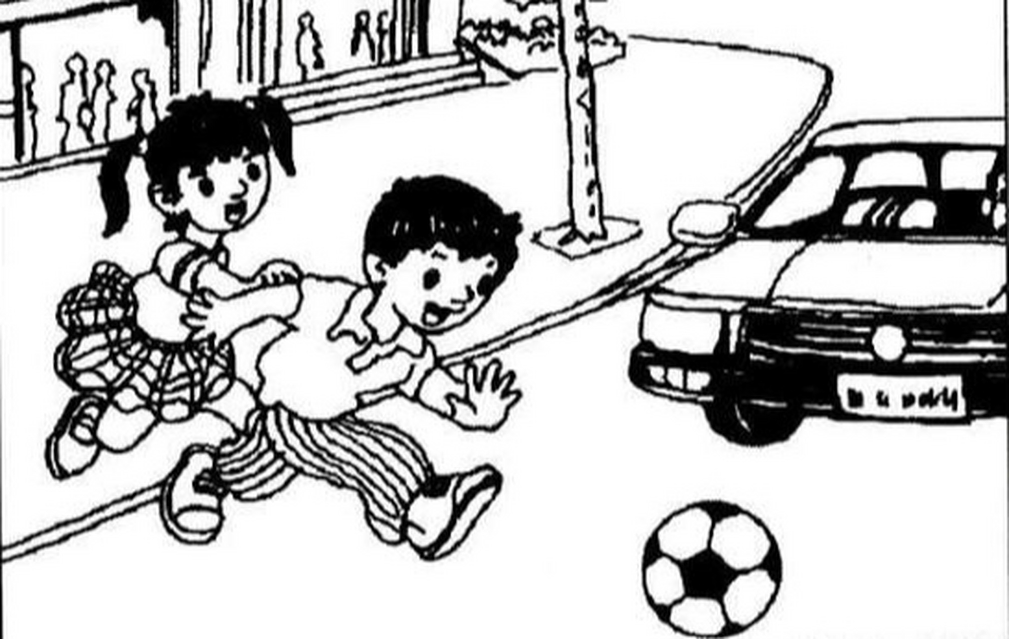 走在路上,小明迫不及待地在人行道上踢起了足球,足球左滚右滚.