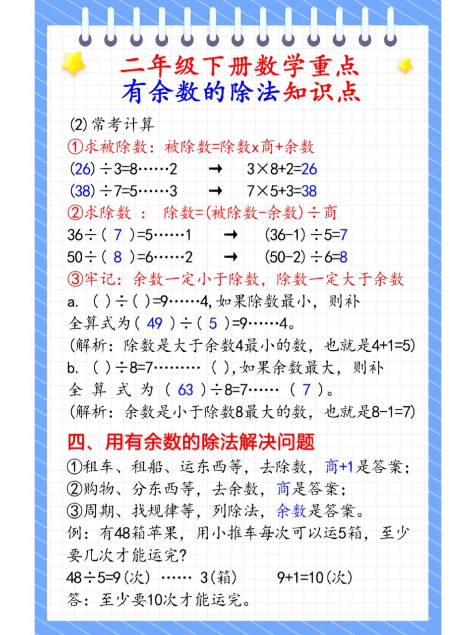 有余数的除法 二年级下册数学有余数的除法知识点总结