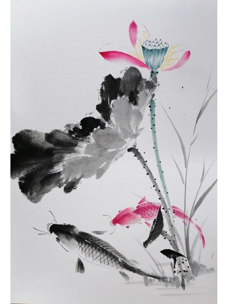 这是一幅小写意花鸟作品,宋朝就有诗赞美荷花:出淤泥而不染,濯清涟而