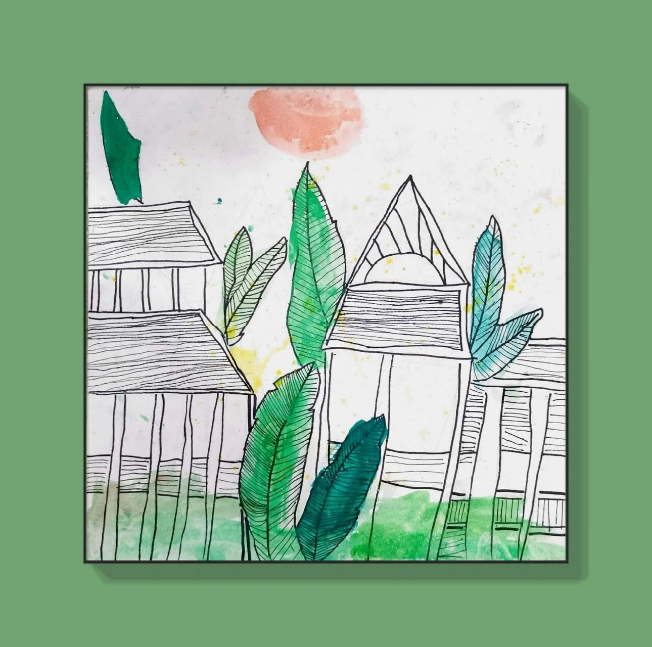 暑期儿童创意绘画作品78傣族竹楼 主题:傣族竹楼 阶段:7～8岁 材料