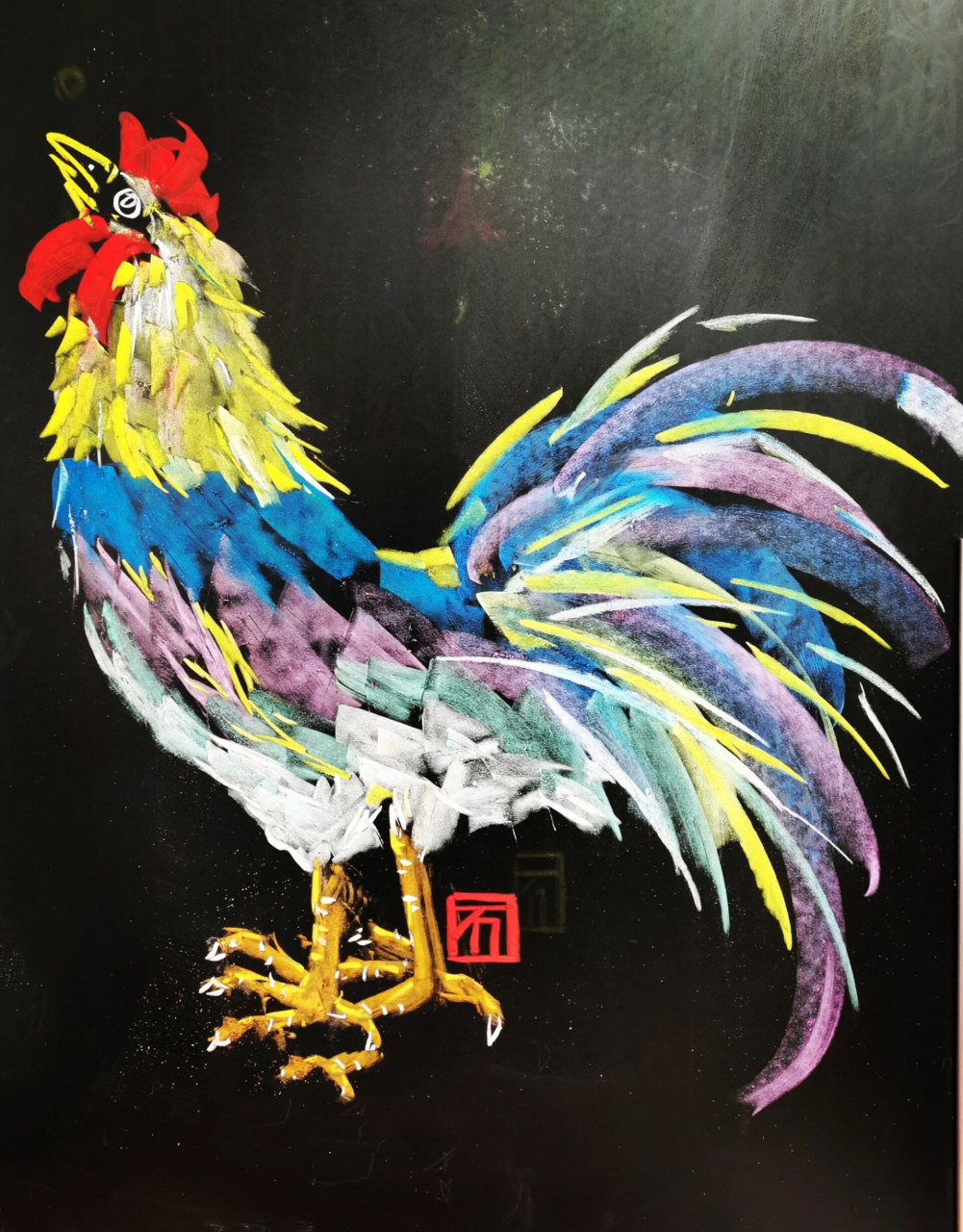 考编两分钟粉笔画 艳丽的大公鸡