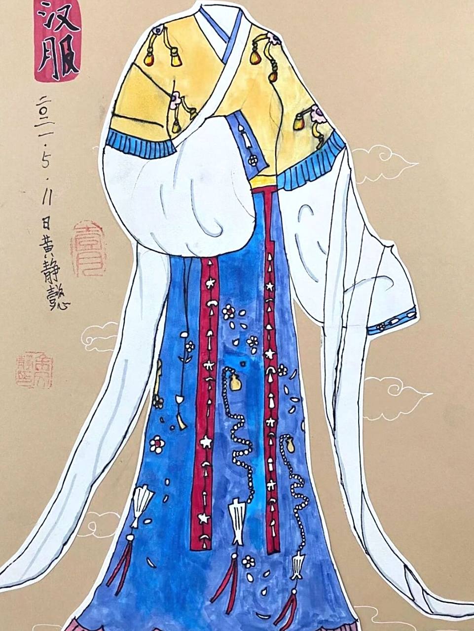 儿童绘画分享|《汉服》马克笔绘画 6-9 《汉服》学生自己配色 课程内