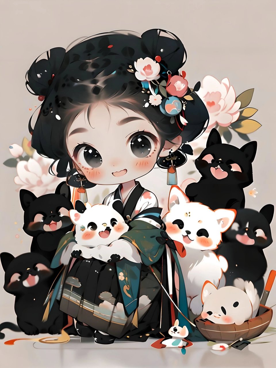 超级可爱的q版古风美人娃娃和猫咪快抱走吧