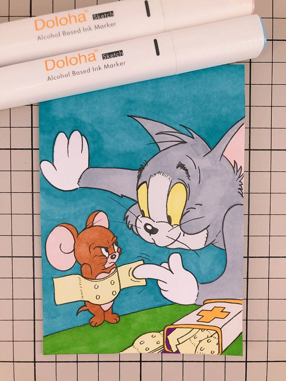 第236幅|猫和老鼠卡通画,简笔画.附步骤图. 马克笔:多乐绘128色.