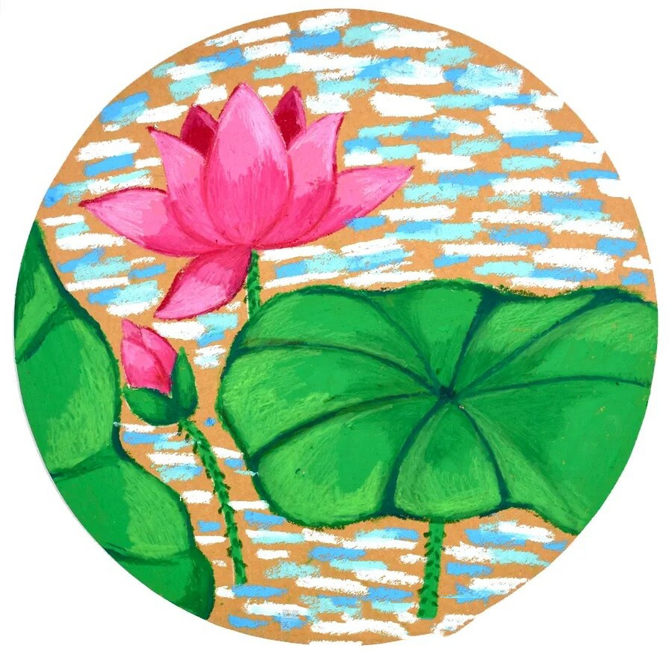 欣赏荷花,荷叶的素材,运用油画棒表现出荷花荷叶的造型与色彩美,并