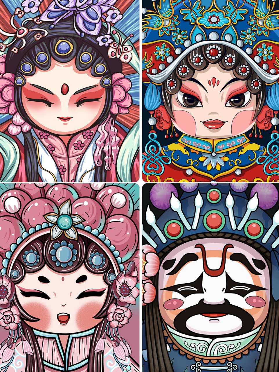 手绘中式国潮风卡通q版京剧花旦人物特写脸谱插画psd设计素材模板 ?