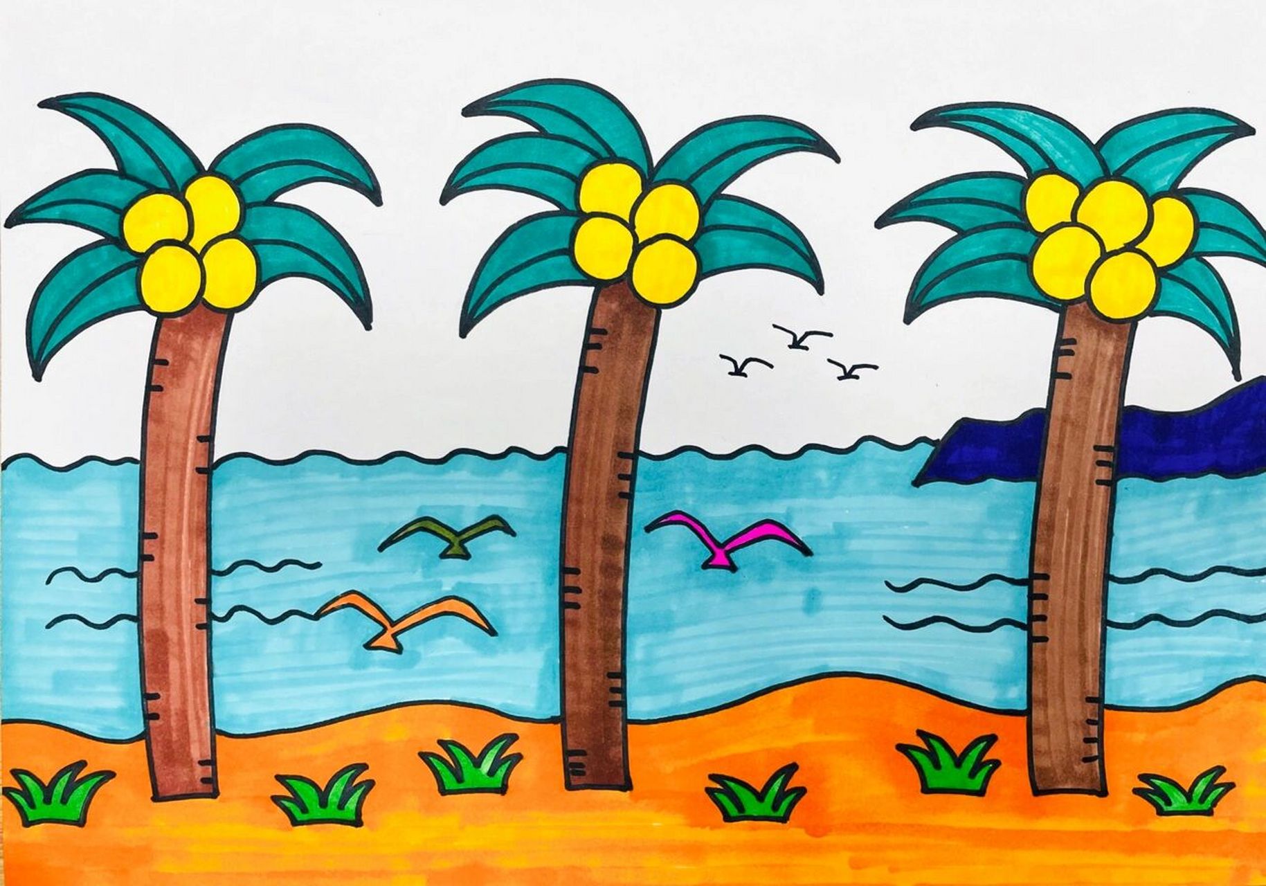 海边椰子树儿童画 适合5