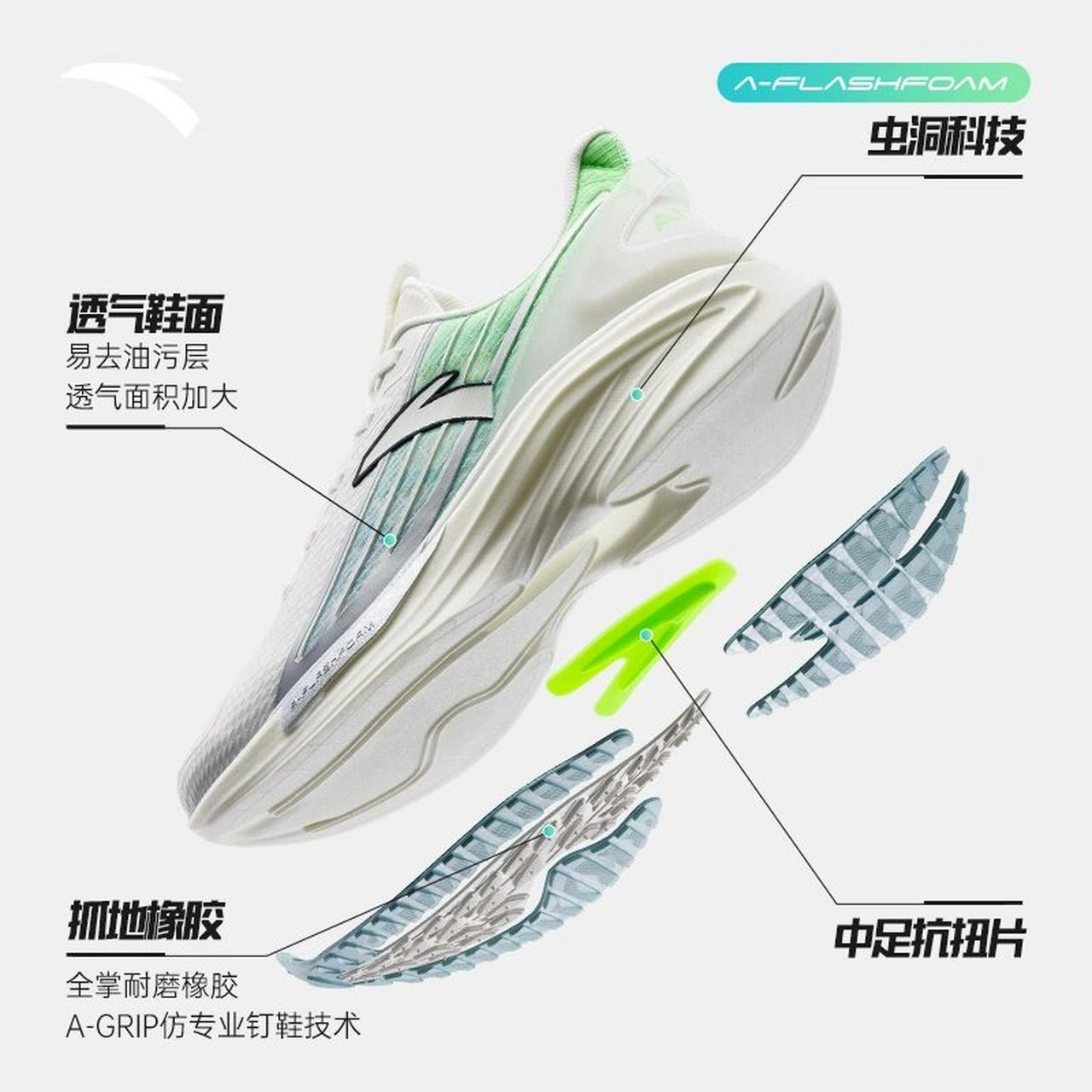 安踏虫洞科技羚跑3   外部采用高弹性eva,内部采用轻质eva,具有良好的