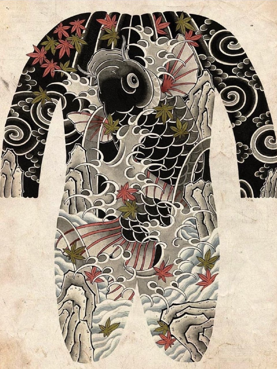 日式老传统满背鲤鱼纹身手稿 当初你为什么选择纹鲤鱼?