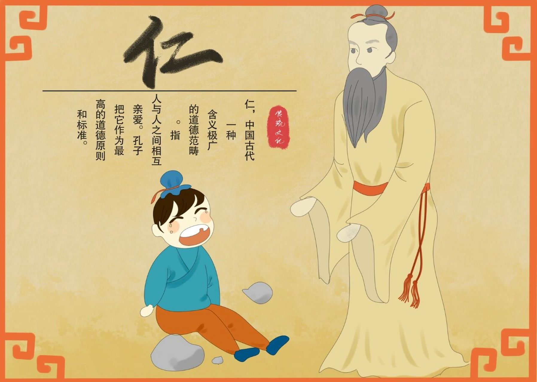 仁义礼智信是我们中华民族的传统美德,上述美德的插画是小编为儒雅的