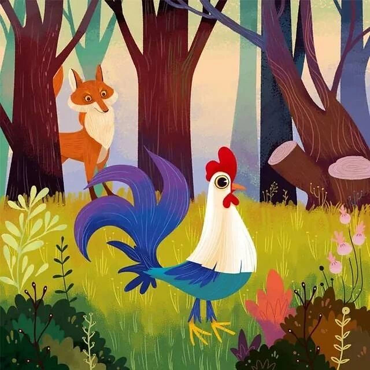 看图写话 公鸡和狐狸 万里无云的一天,一只狐狸肚子饿了,到处找食物吃