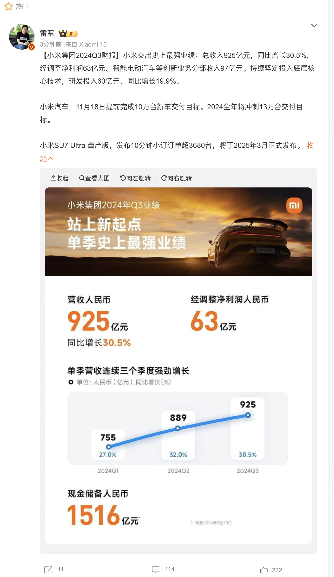 5%】  昨天据雷军发布了小米集团2024年第三季度财报显示该季度营收