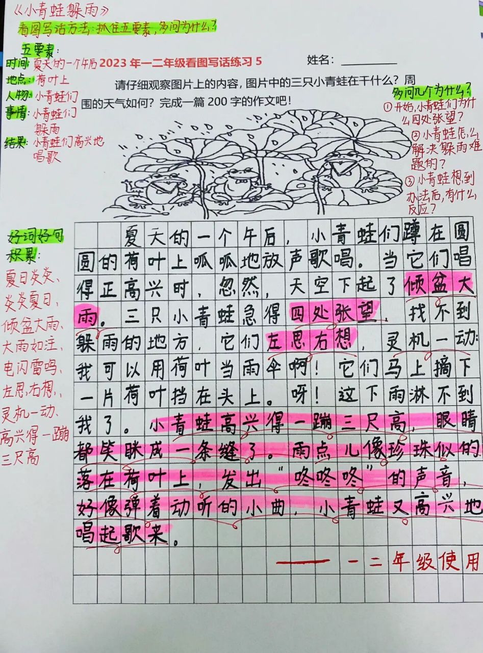 972023看图写话训练56615《小青蛙躲雨》99 97例文:夏天的