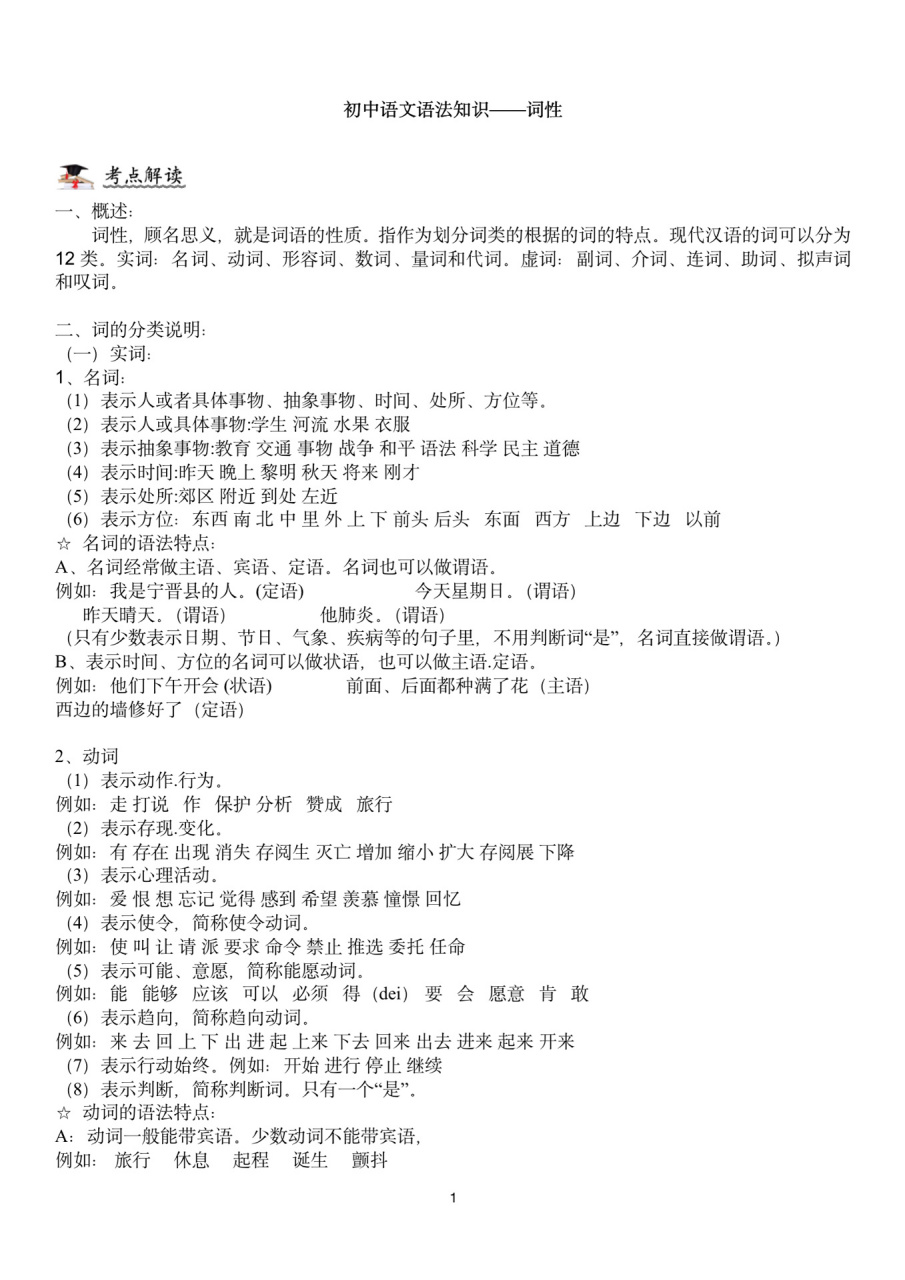 初中语文语法知识——词性