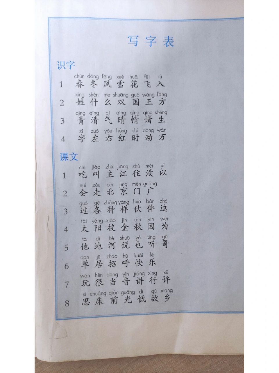 人教版  一年级  语文  下册 生字表