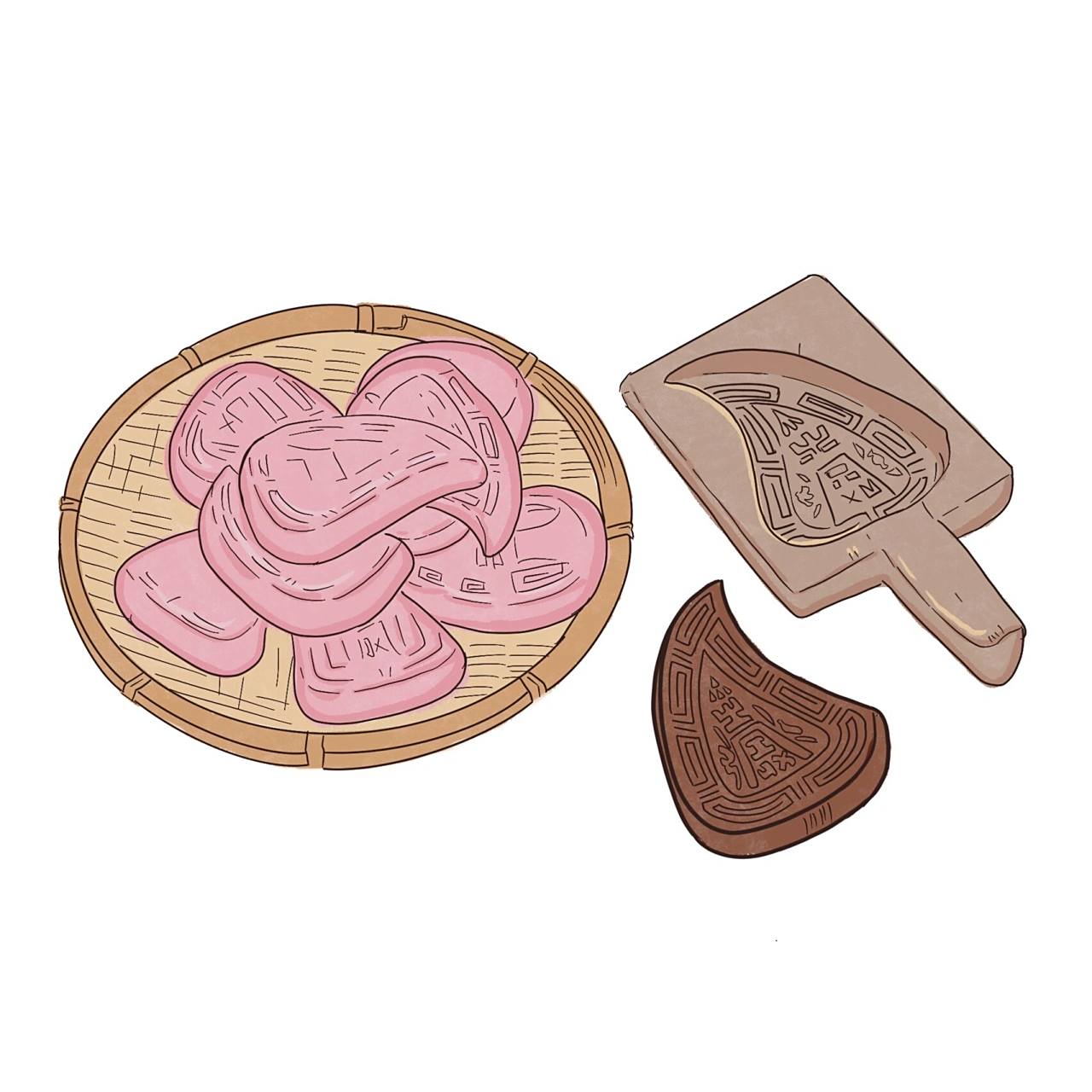 潮汕插画|"粿"系列之红桃粿 94鲜红皮色的红桃粿象征着红红火火,是