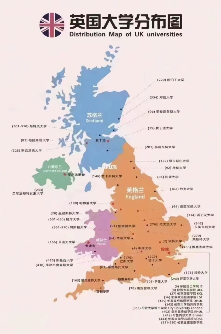 一张图看懂英国9297大学分布