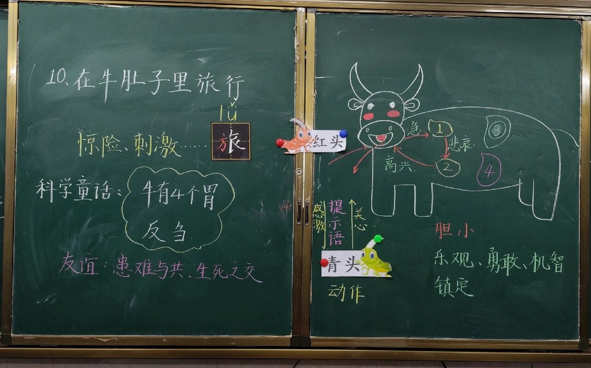 三上《在牛肚子里旅行》板书 这次课前一人发了一张a4纸 咱们来上两