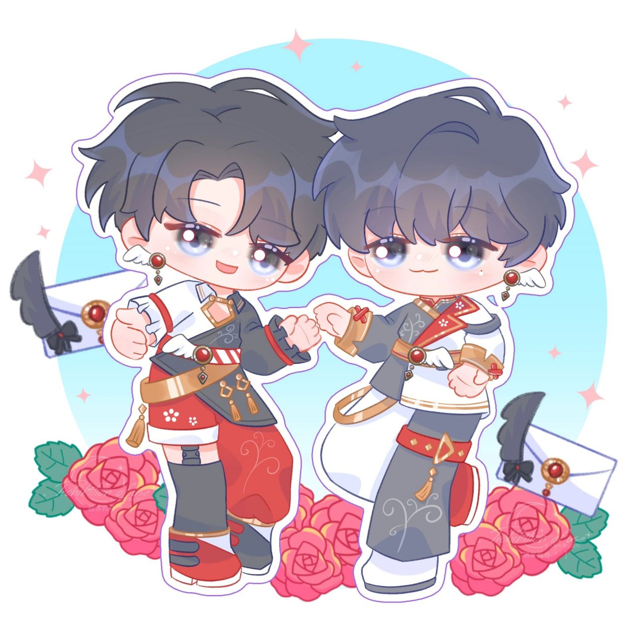 伪装学渣|朝俞|贺朝|谢俞|木瓜黄|q版 之前画的一对朝俞双人图,自己