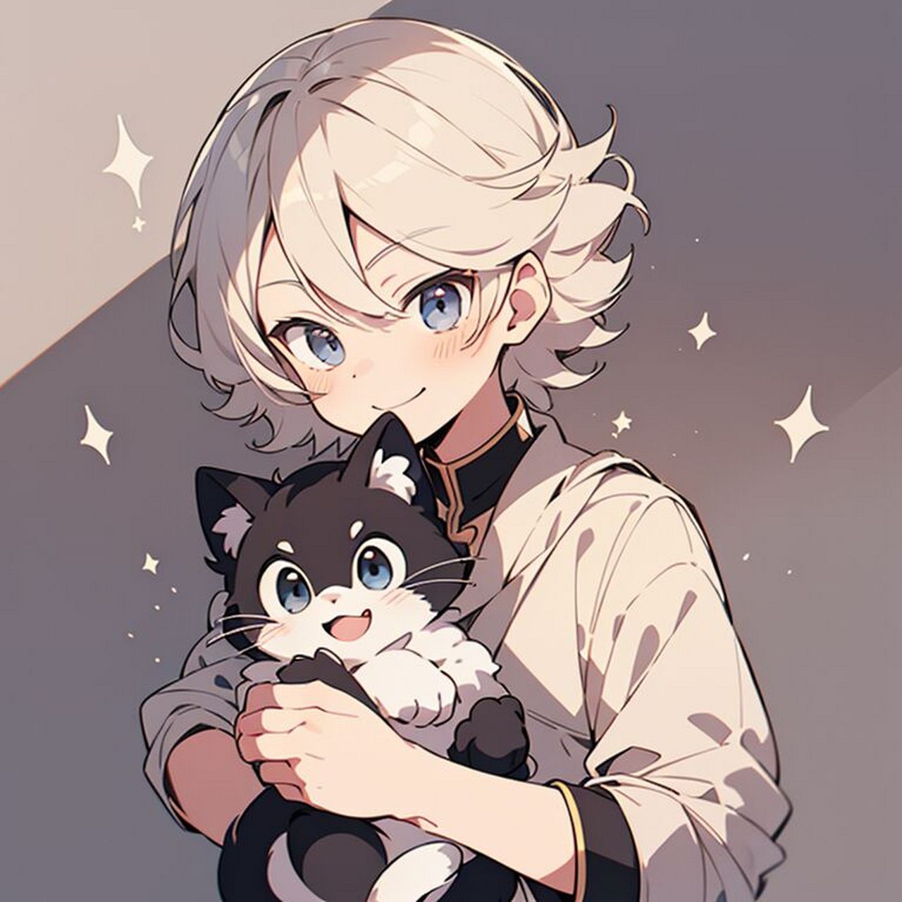 白发男孩与可爱的猫咪 	 ai咒语 动漫男孩抱着猫,干净的背景,卡通特色