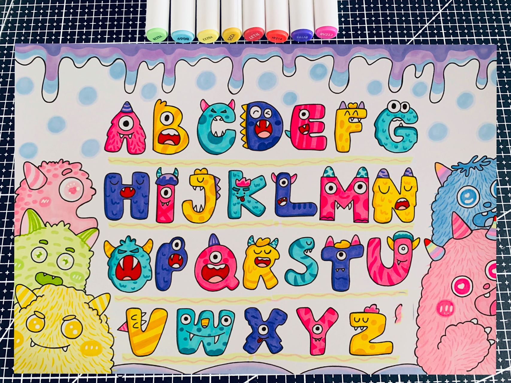 26个字母创意画,字母小报  小怪兽系列字母创意画来啦09 线稿电子版