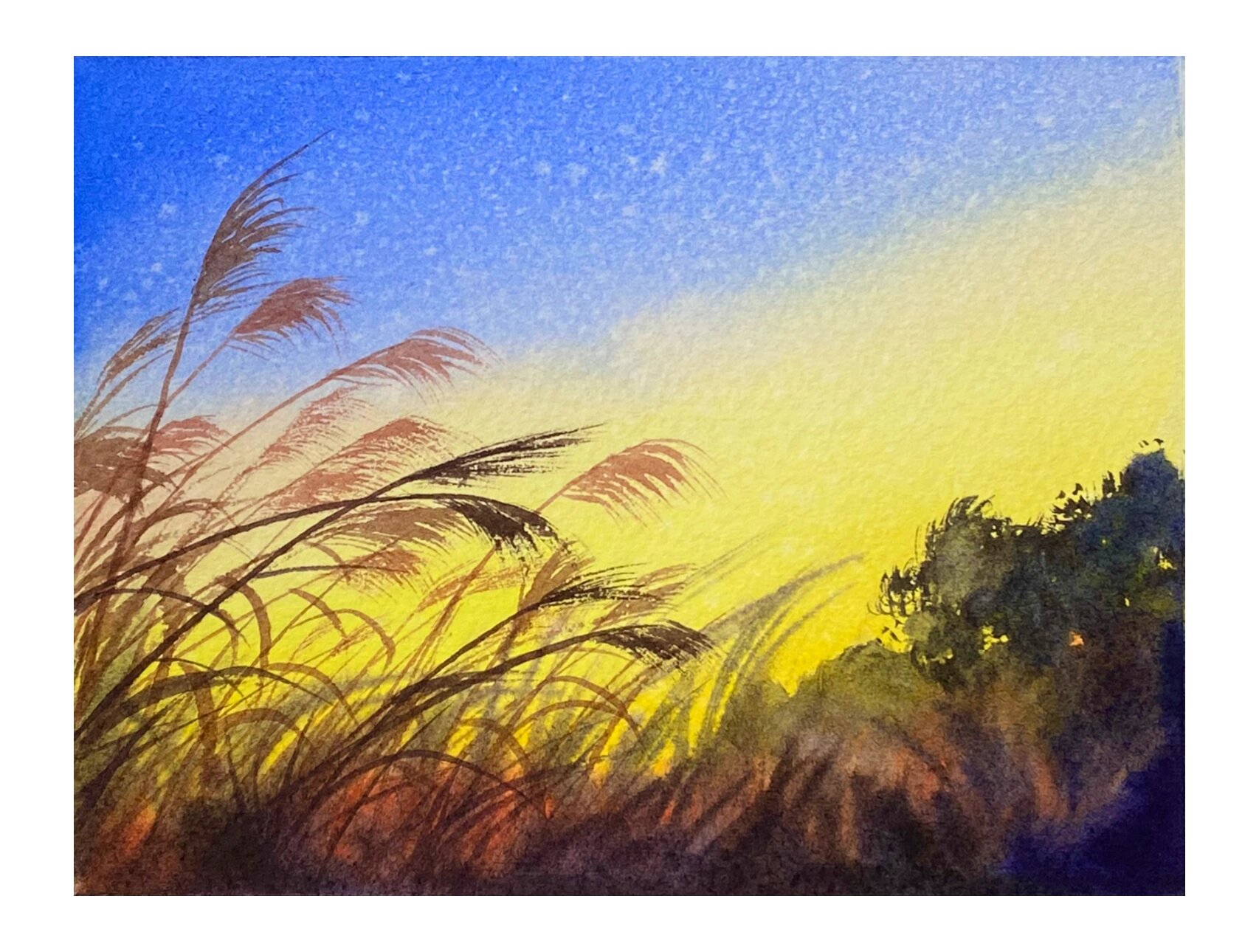 水彩入门风景|芦苇伴朝霞 清新图文教程 欢迎临摹学习,喜欢可以收藏