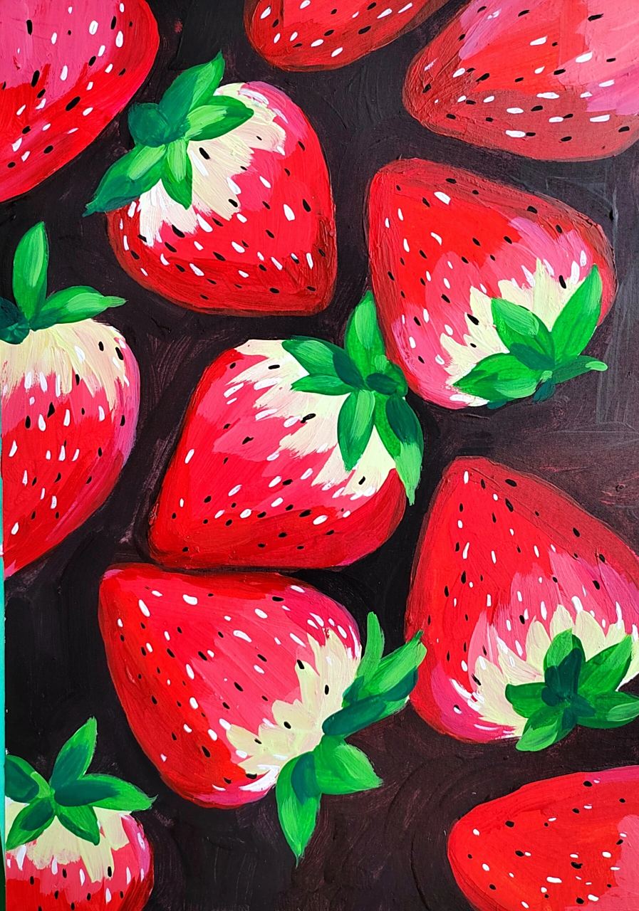 简单水粉丙烯画水果《草莓》 不同的风格,有不同的版本.
