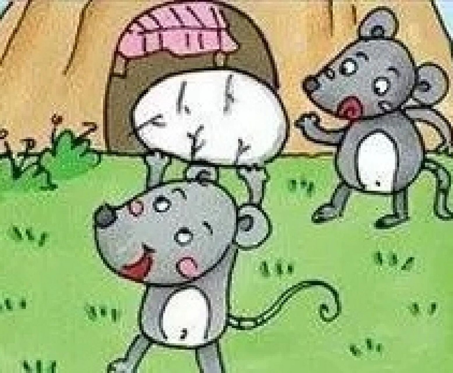 这时,老鼠可可和乐乐趁鸡妈妈出去上厕所时,偷偷地从她背后抬走了