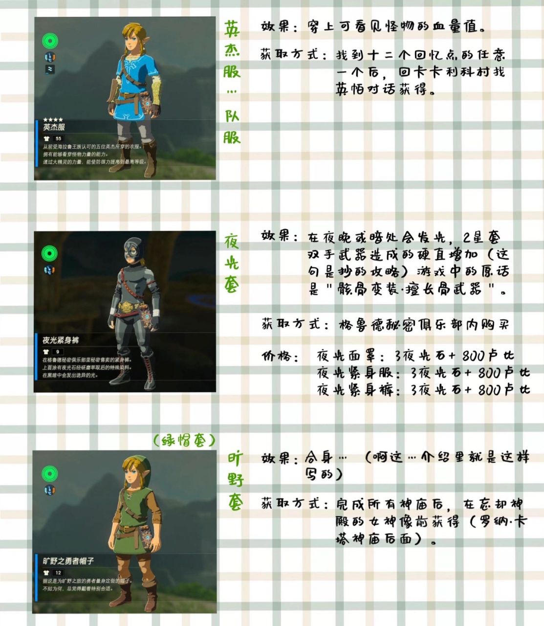 英杰服(队服) 2.夜光套 3.旷野套 4.盖侬套(dlc套装) 5.