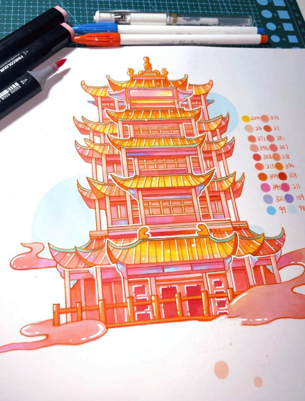 马克笔手绘|武汉94标志建筑-黄鹤楼 万能建筑元素-黄鹤楼 适用于