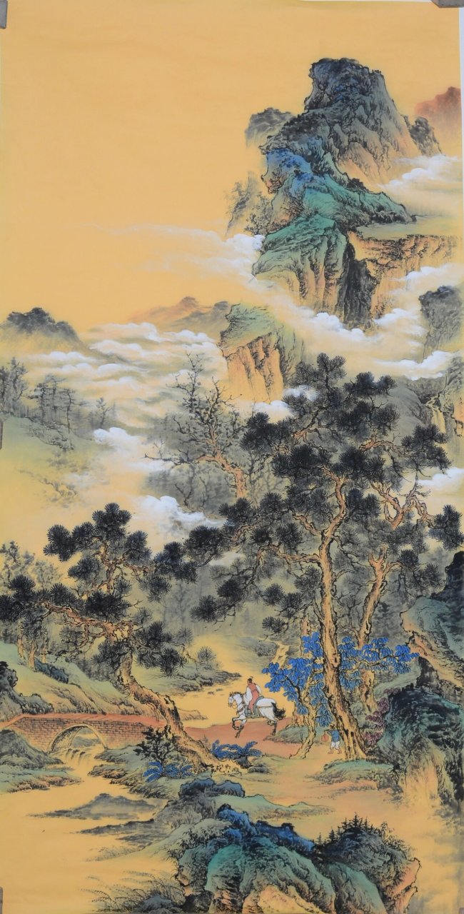 重彩工笔画山水 四尺竖幅,画芯138*69cm,熟宣绘制,矿物质颜料
