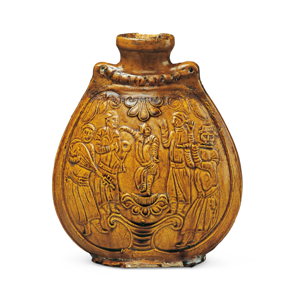 历史的图话   #约会博物馆#   南北朝·北朝·北齐  黄釉乐舞图瓷扁壶