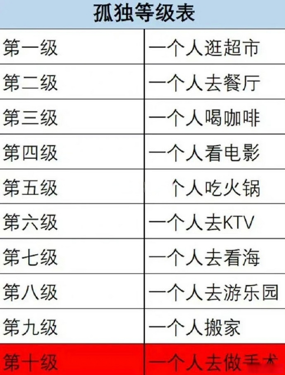 国际孤独等级表图片