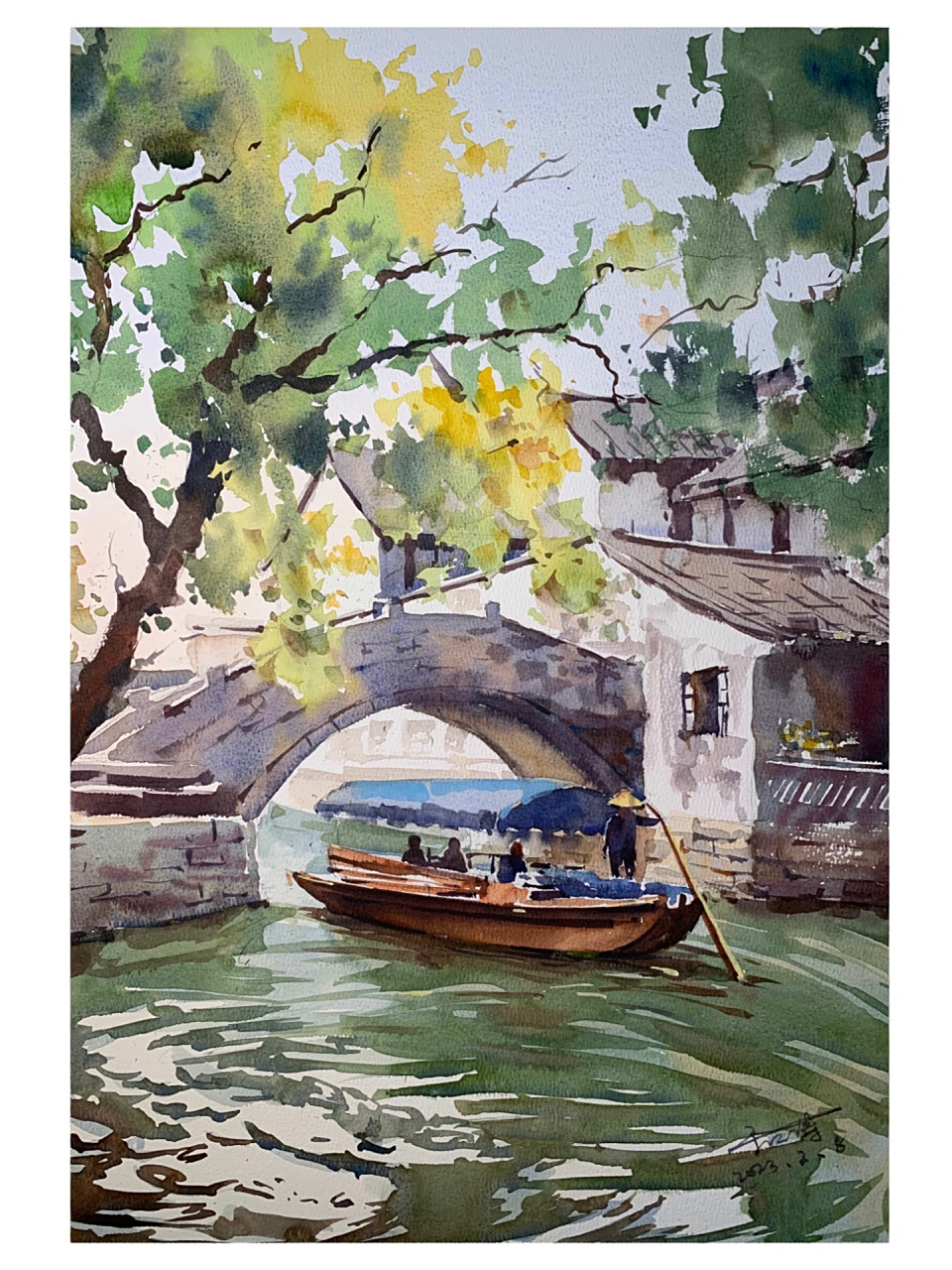 水彩画,江南水乡系列《轻舟慢歌》附步骤图 尺寸:4开 用笔:竹羽堂水彩