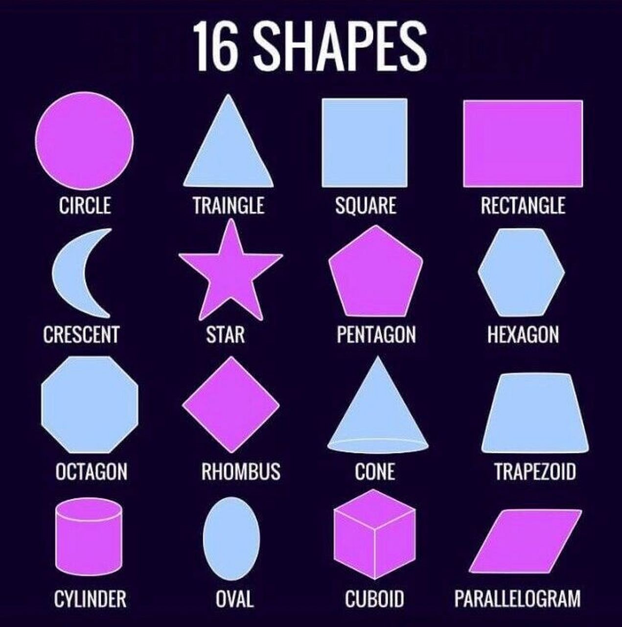 16种形状的英语词汇 circle:圆形 triangle:三角形 square:正方形