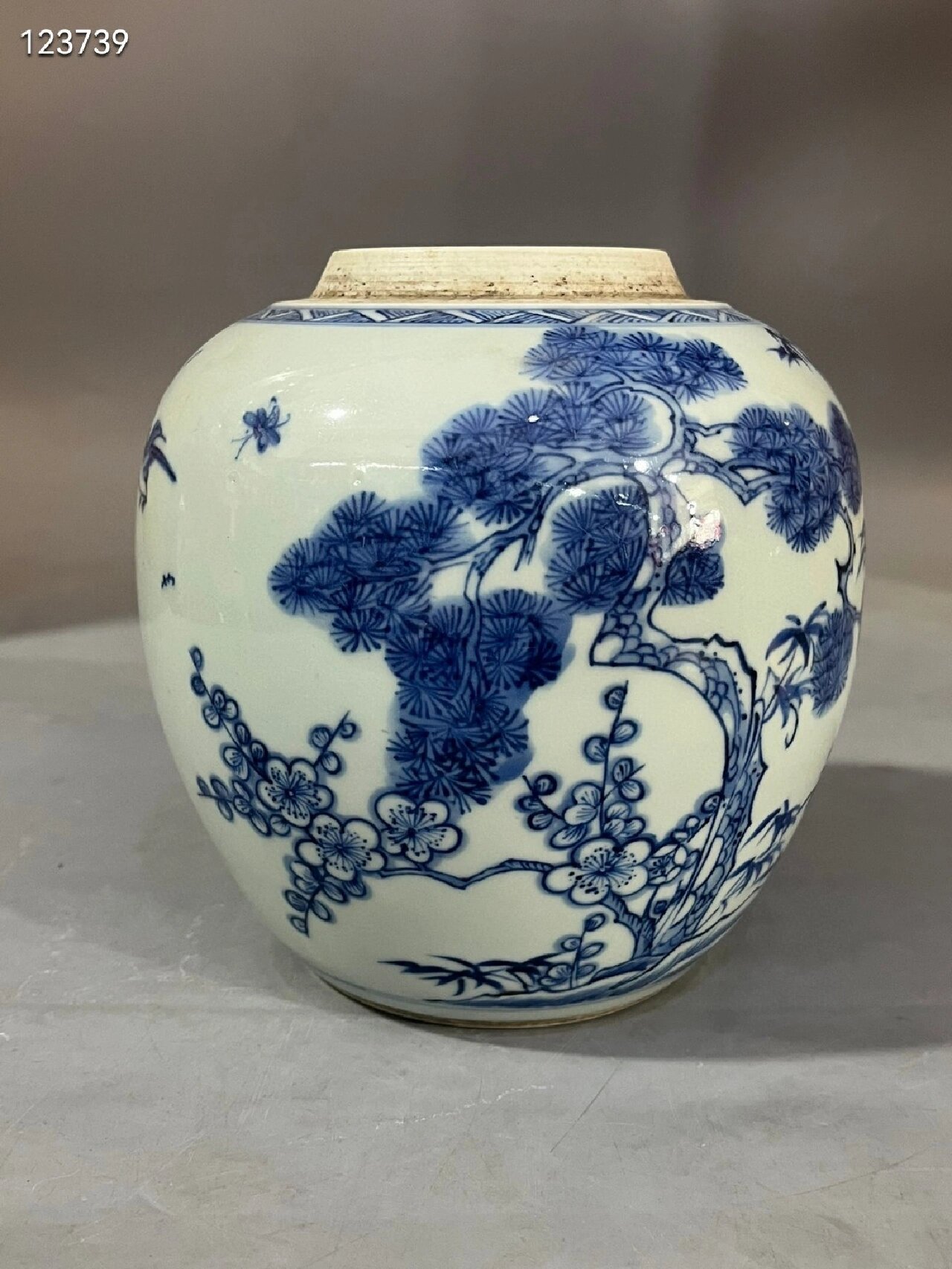 清中期青花岁寒三友松竹梅罐古玩古董老瓷器