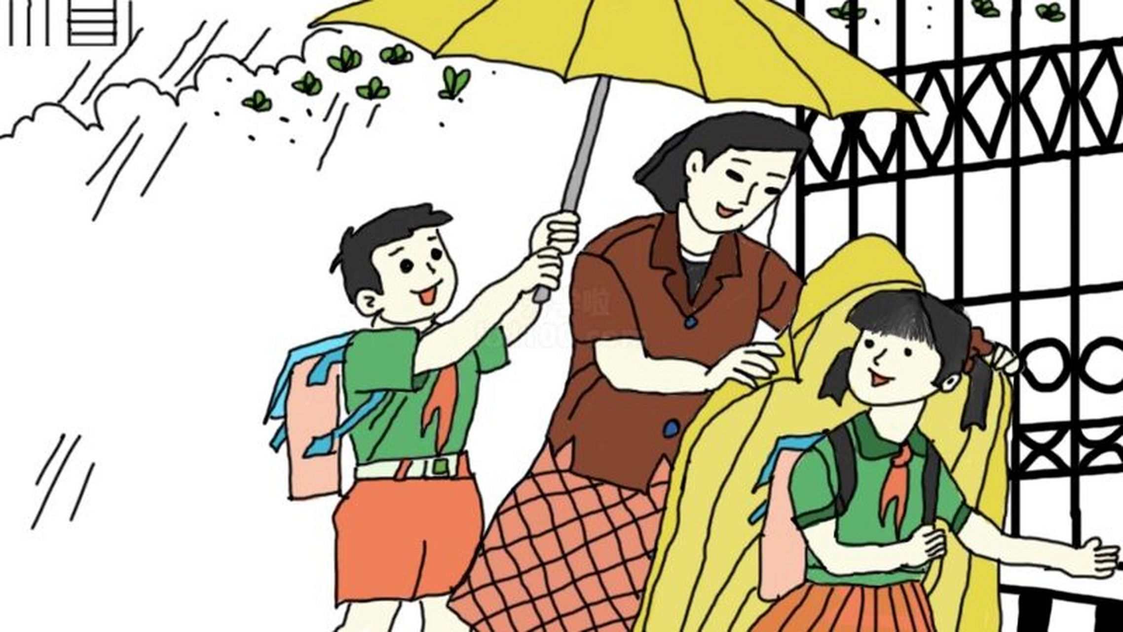 一二年级看图写话《雨中美景》  叮铃铃……叮铃铃……"放学了!