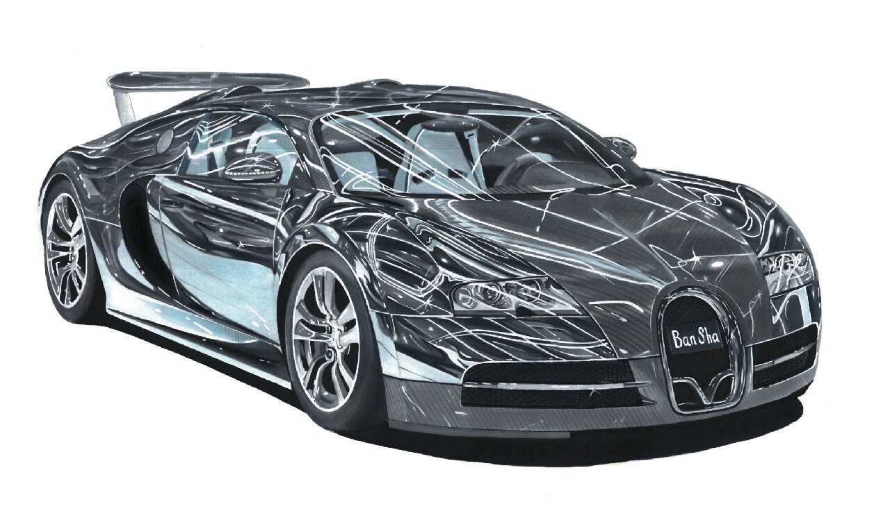 【汽车手绘】马克笔手绘布加迪威龙 2021年的作品,满车高光受得住吗