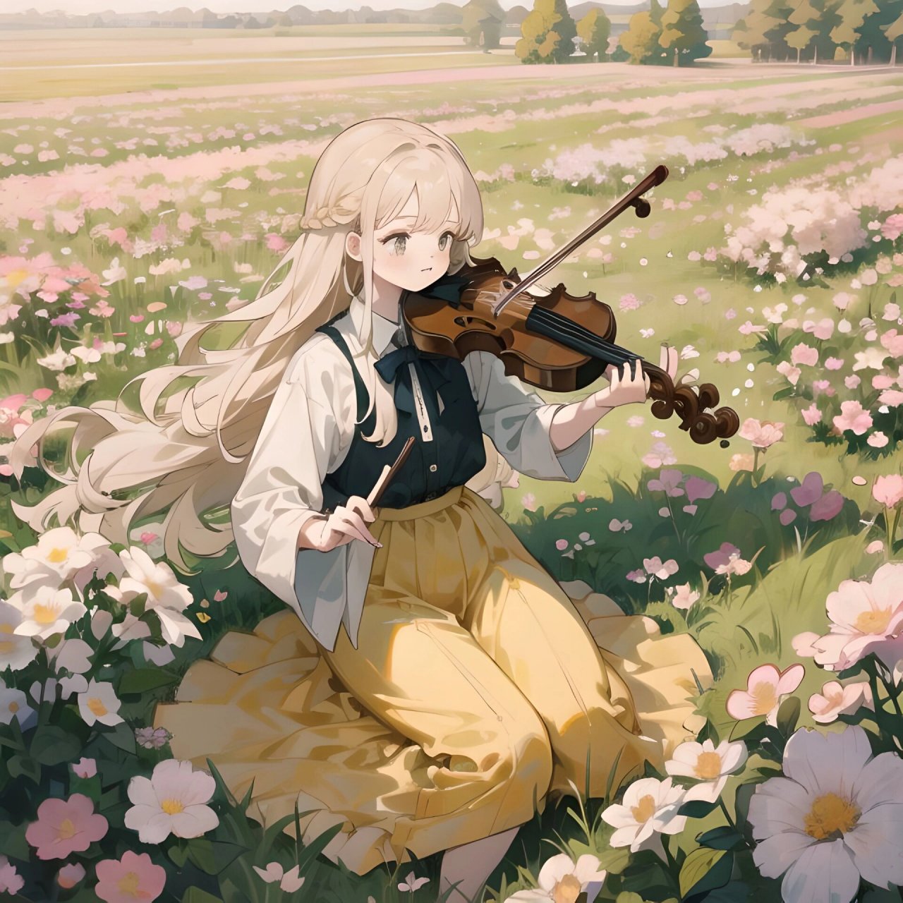 头像|少女与小提琴 在花田里拉小提琴的女孩