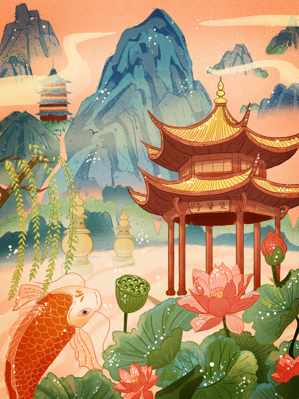 城市建筑|杭州西湖自然风光插画 杭州西湖篇～ 喜欢的小伙伴记得给个