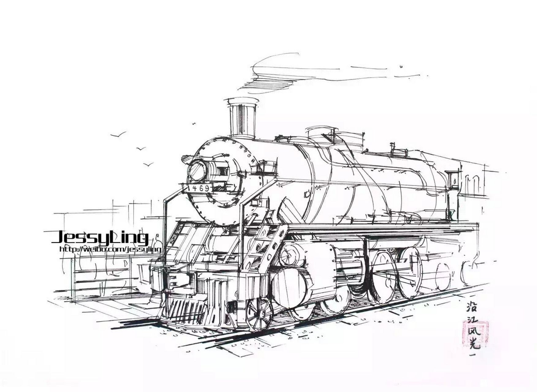 中国蒸汽火车手绘图片