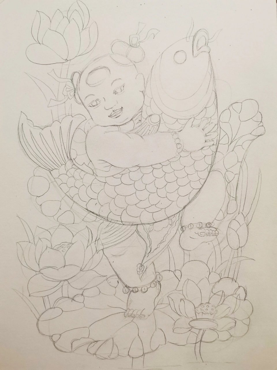 临摹|杨柳青风格年画娃娃(含过程) 今天是小年～发一张新出炉的年画
