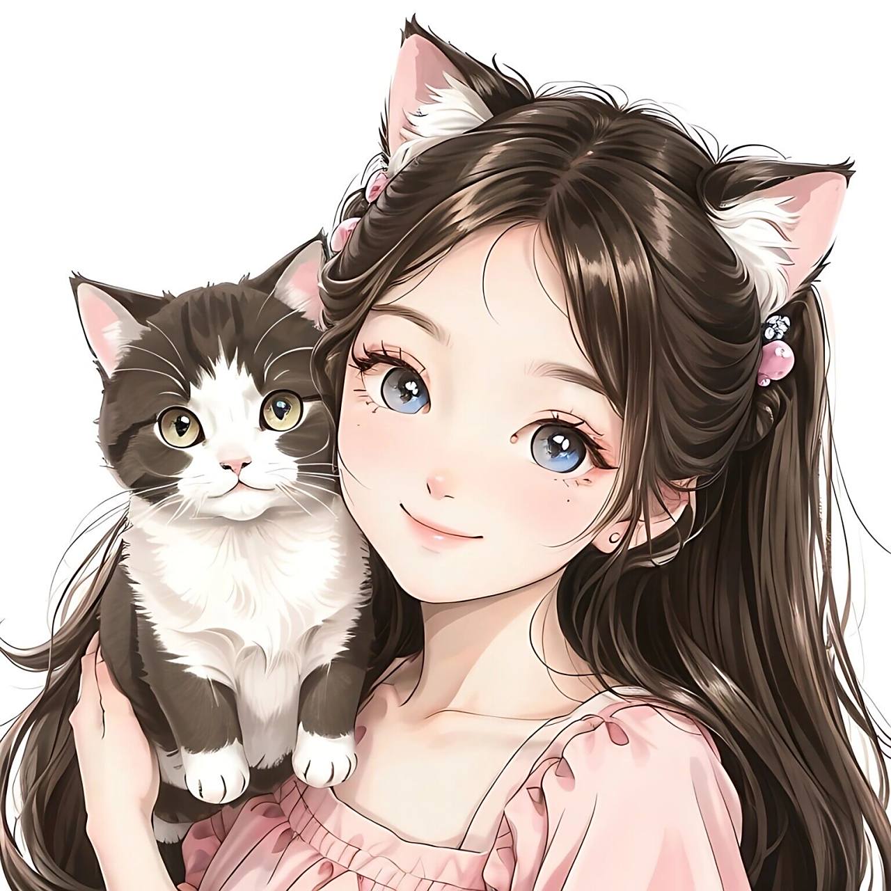 粉色女孩儿和猫咪|萌宠治愈系头像|英短 动漫风格的猫仔