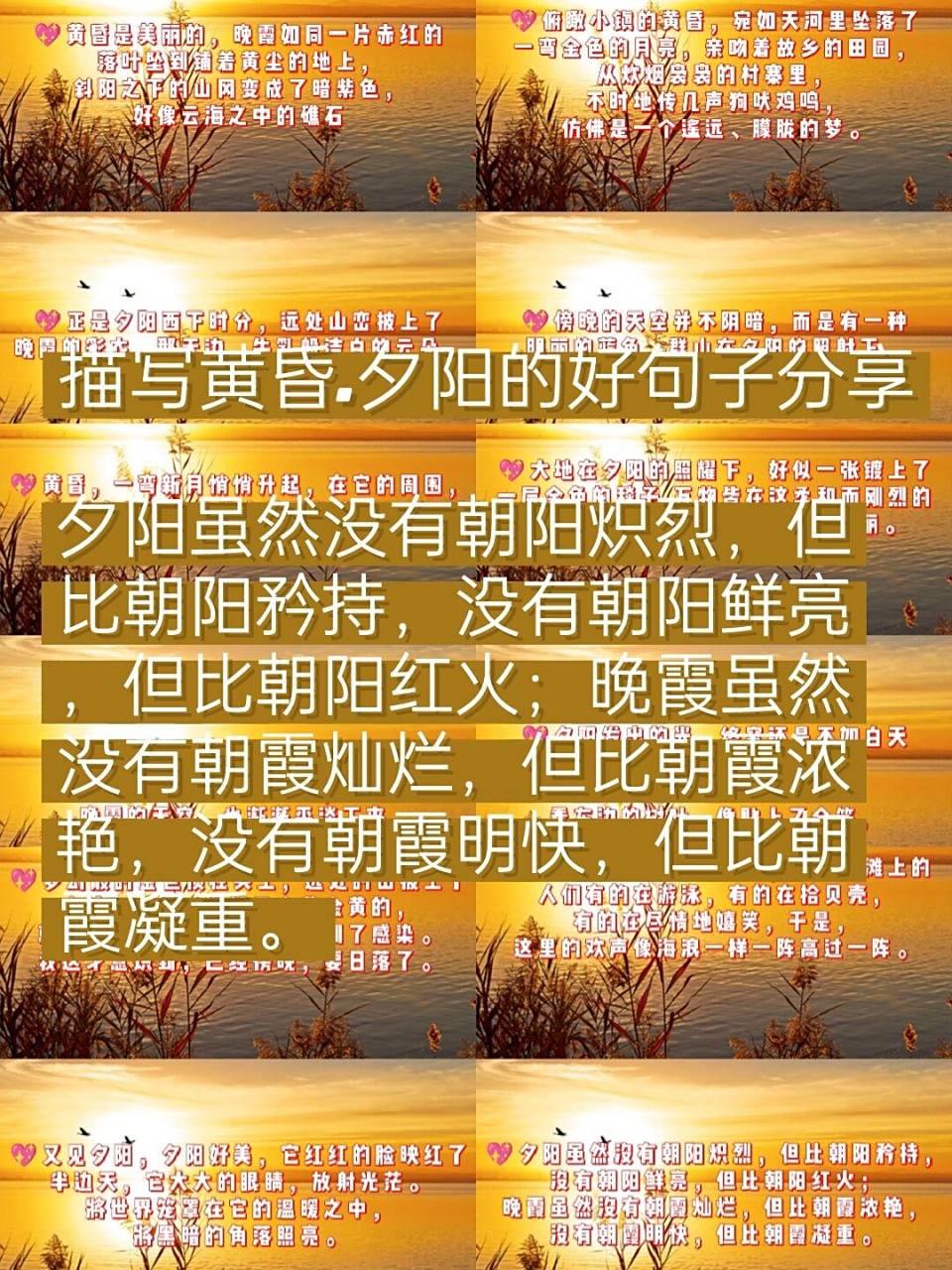 描写黄昏,夕阳的精美句子 96黄昏,夕阳洒在河水上的光,像是许多金针